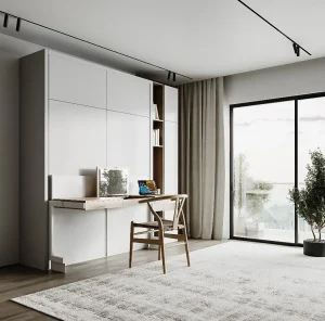 Modern home office featuring a white murphy wall bed UK with an integrated fold down desk and shelving