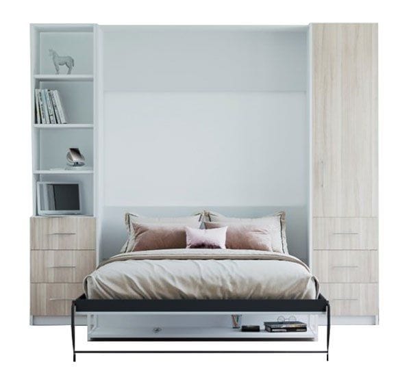 Contemporary grey double murphy wall bed UK with stylish headboard and integrated side cabinets