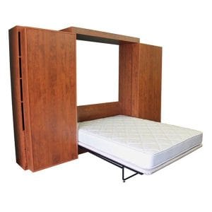 Horizontal fold down bed in cherry wood, a space-saving solution for rooms with low ceilings